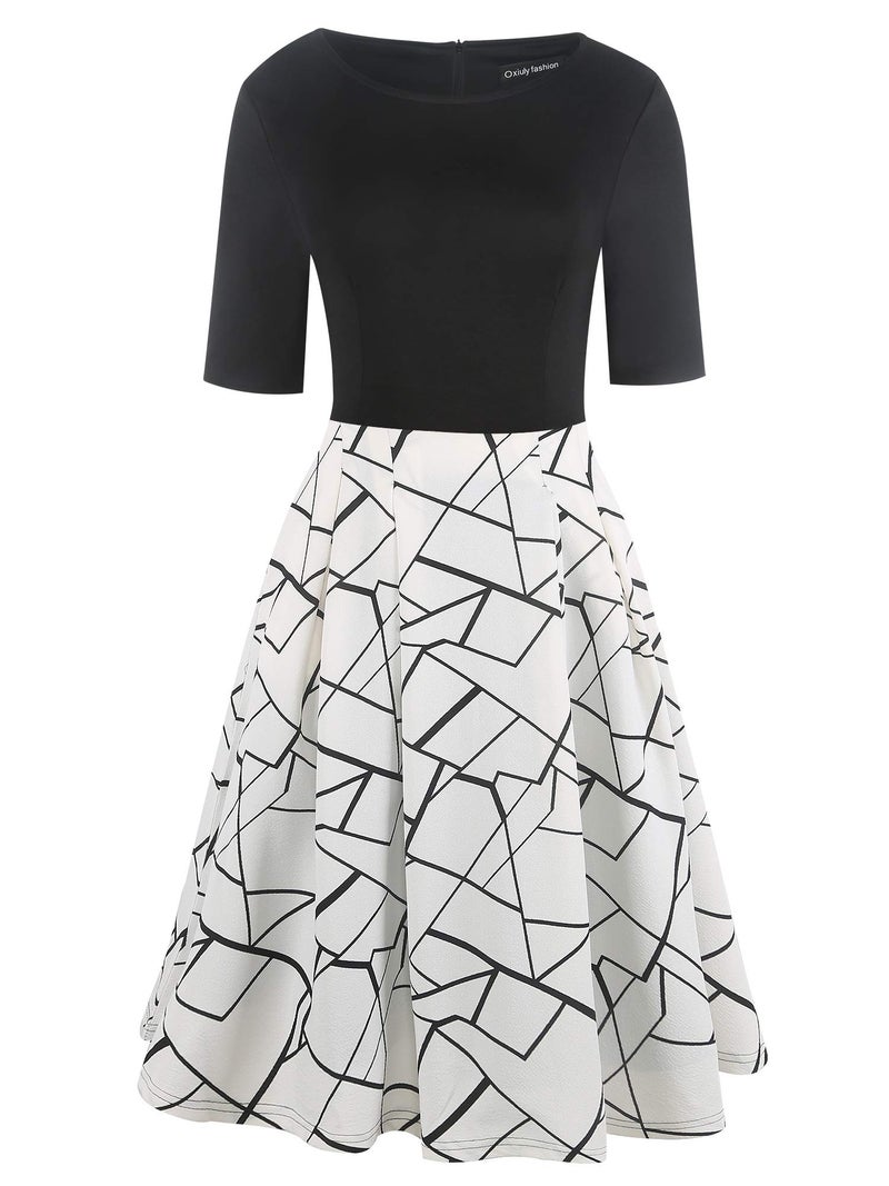 oxiuly Women's Vintage Dresses Patchwork Pockets Puffy Swing Casual Party Dress OX165 (BK-White Stripe, l) - Image 3